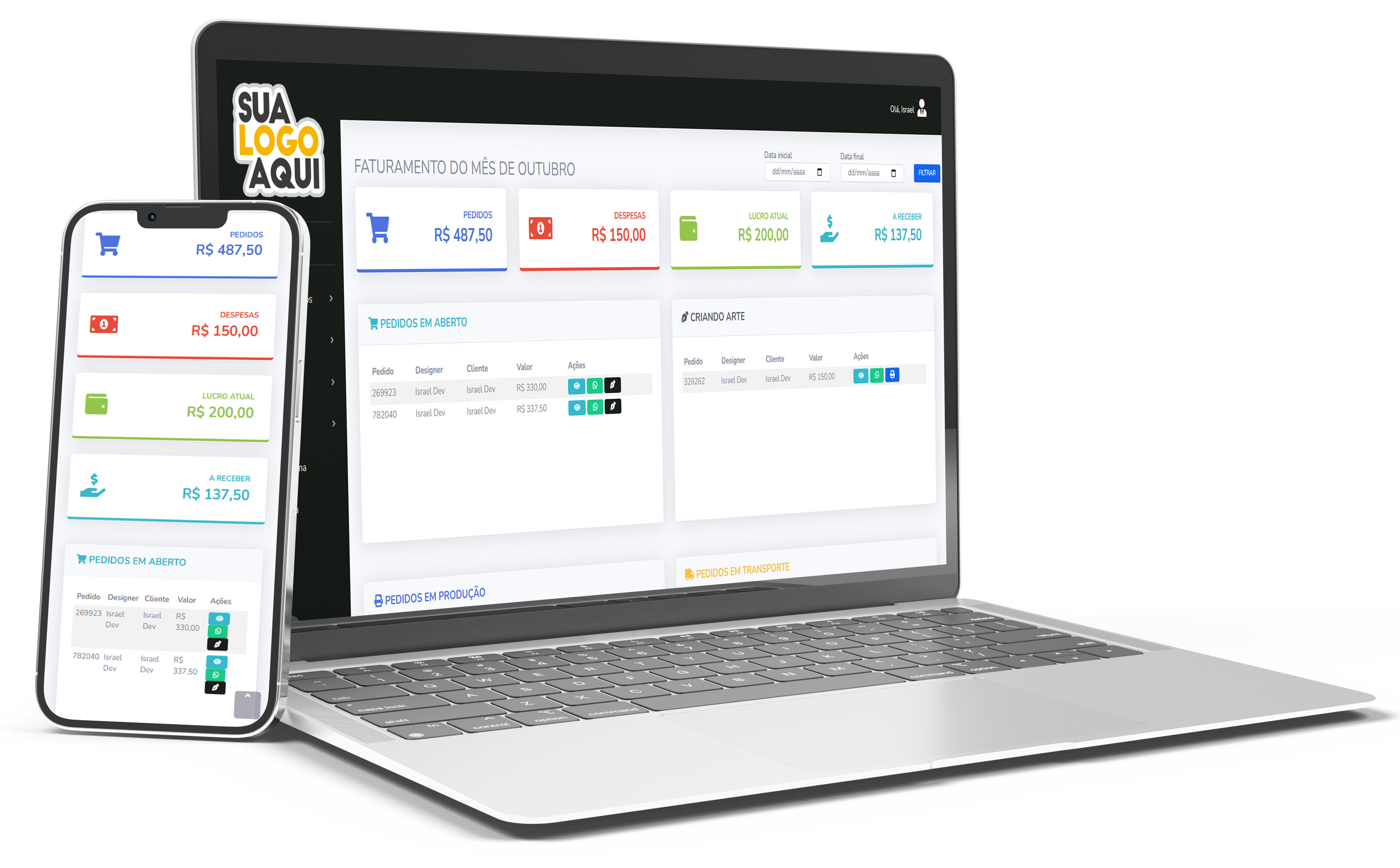 Tela principal do sistema de gestão para gráficas